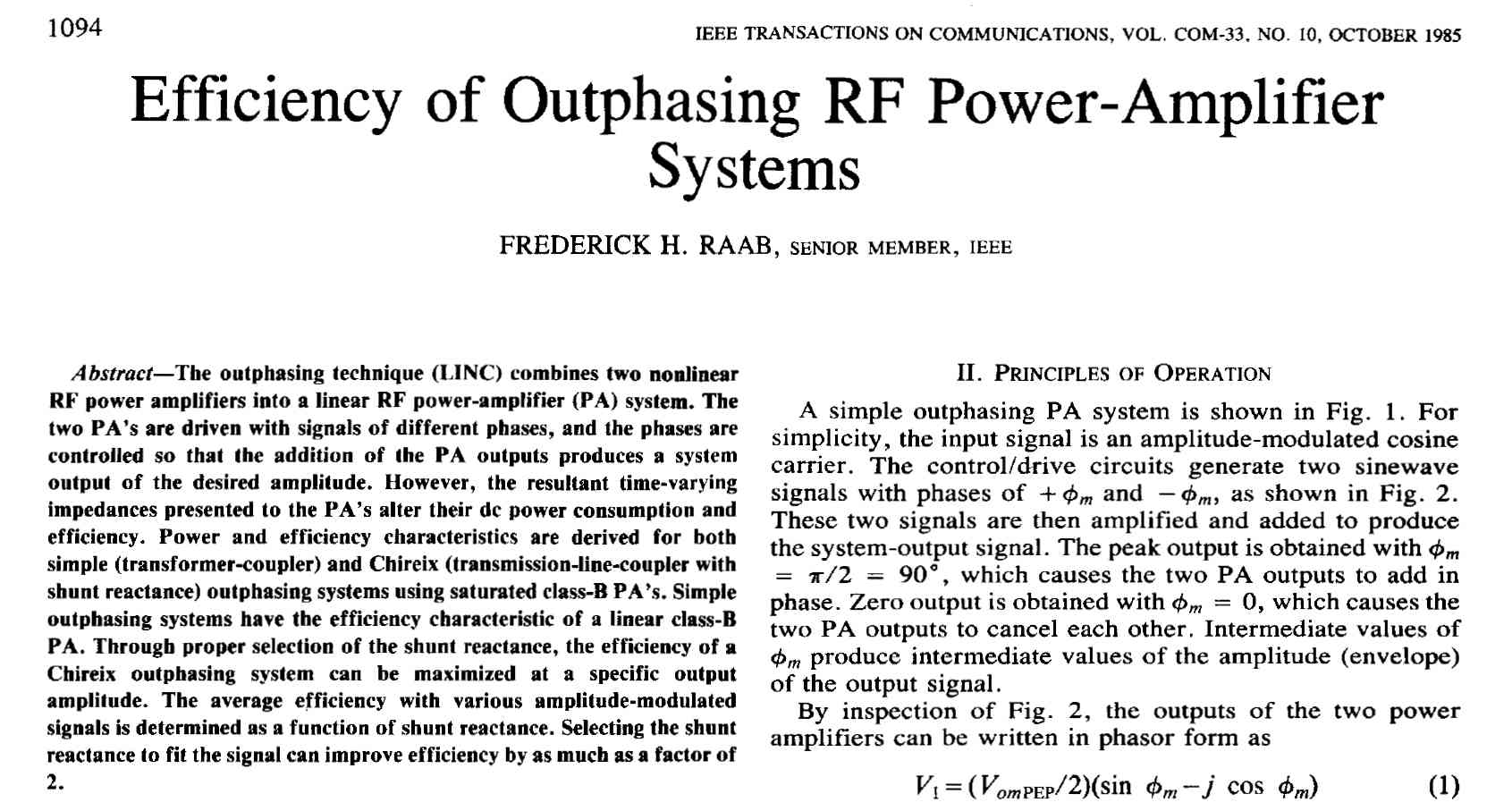 Efficiency of Outphasing Power Amplifier Systems